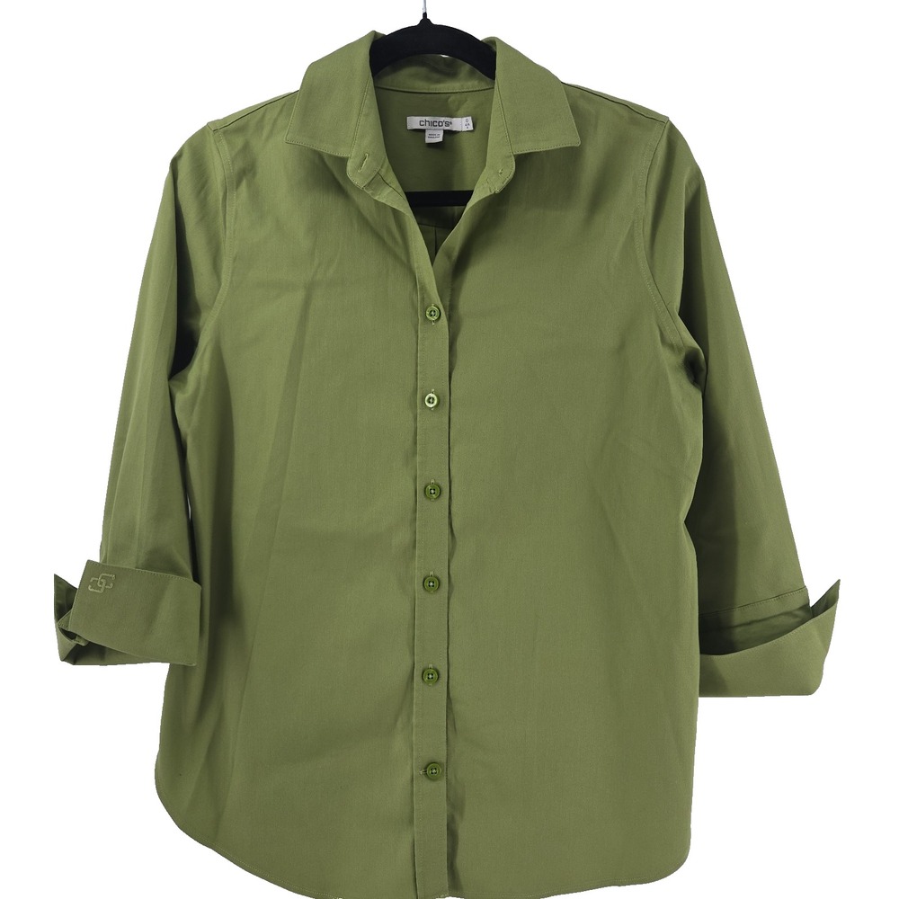 Chico's Size 0 (4) Green Button Up 3/4 Sleeve Stretch Top Blouse
